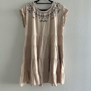 Knox Rose Dress Womens XL Beige Embroidered Boho Tiered Flutter Sleeve Cotton
